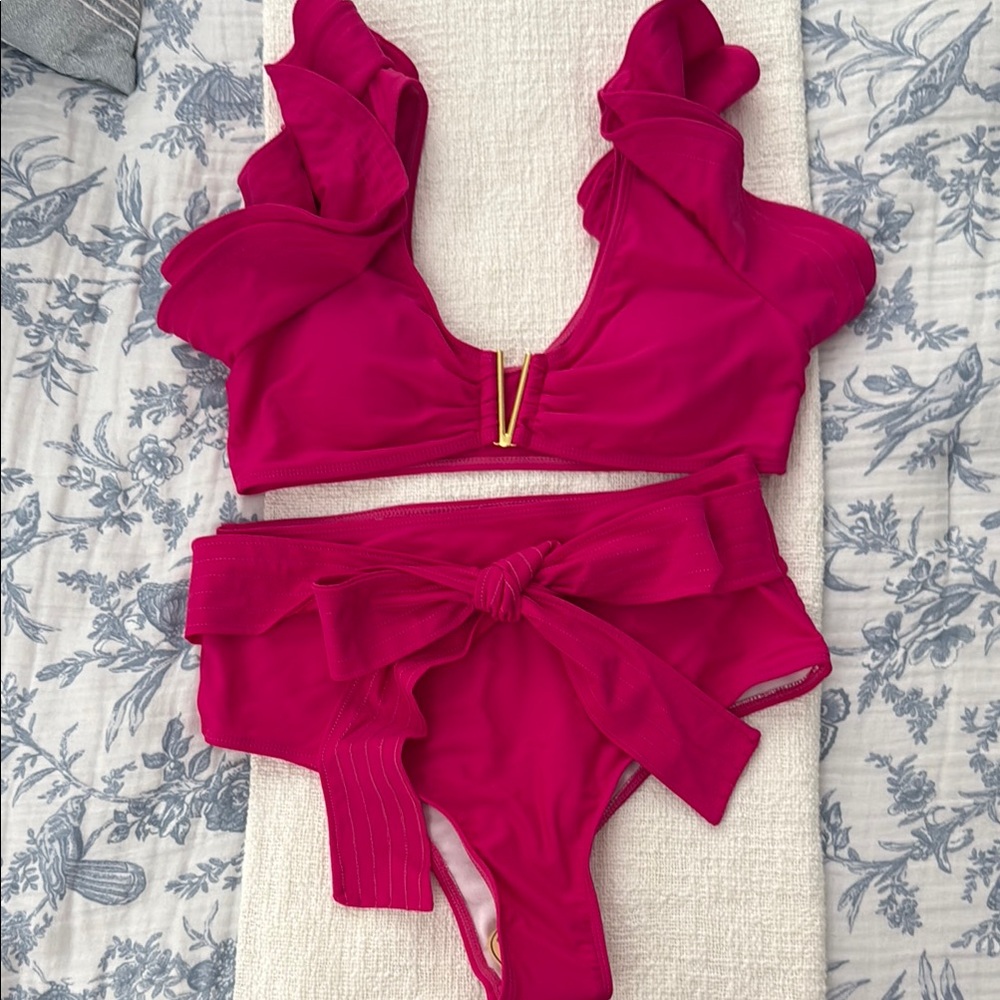 Pink Ruffle Bikini with High-Waisted Bow